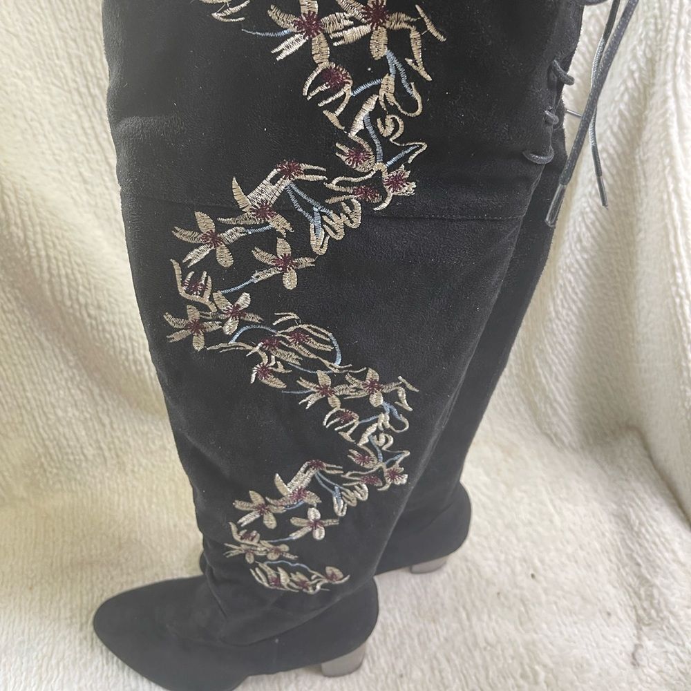 Qupid fabric suede black over the knee  heel boots floral embroidery accent SZ9
